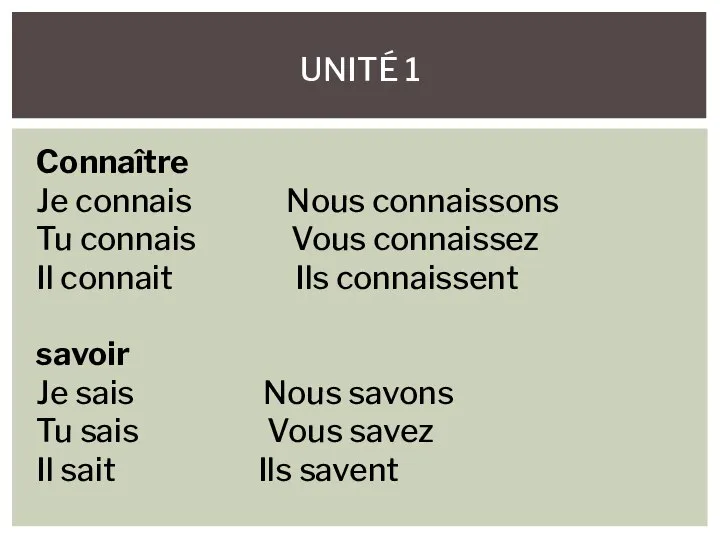 UNITÉ 1 Connaître Je connais Nous connaissons Tu connais Vous connaissez