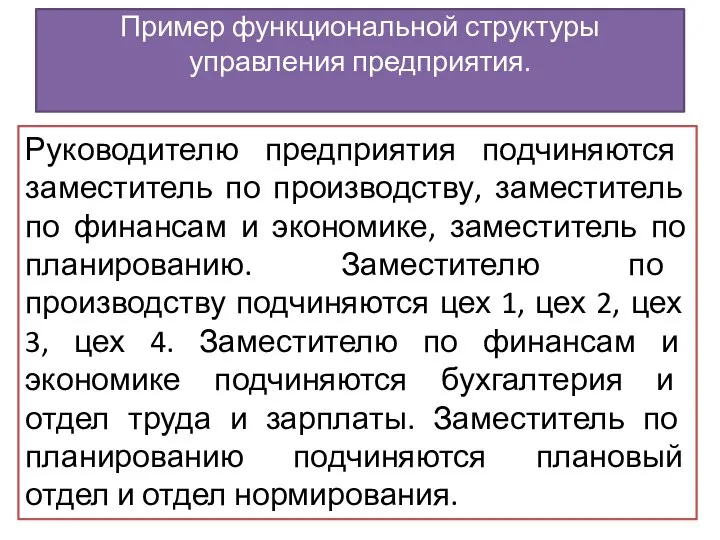 Руководителю предприятия подчиняются заместитель по производству, заместитель по финансам и экономике,