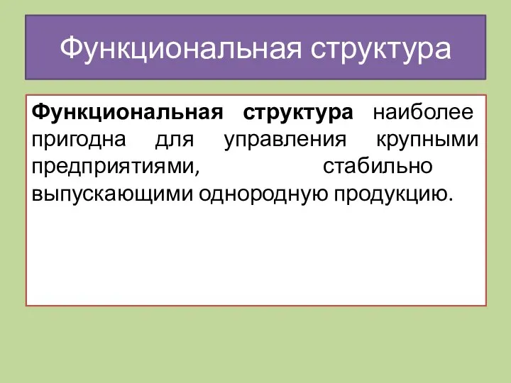 Функциональная структура Функциональная структура наиболее пригодна для управления крупными предприятиями, стабильно выпускающими однородную продукцию.