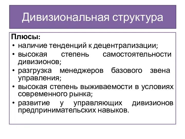 Плюсы: наличие тенденций к децентрализации; высокая степень самостоятельности дивизионов; разгрузка менеджеров