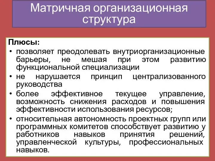 Плюсы: позволяет преодолевать внутриорганизационные барьеры, не мешая при этом развитию функциональной