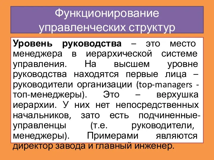 Уровень руководства – это место менеджера в иерархической системе управления. На