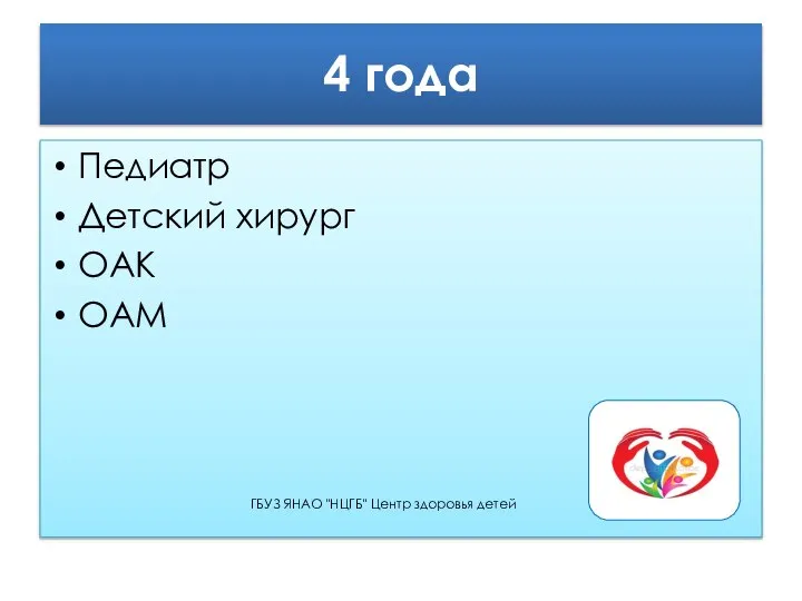 4 года Педиатр Детский хирург ОАК ОАМ ГБУЗ ЯНАО "НЦГБ" Центр здоровья детей