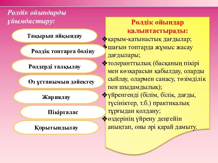 Рөлдік ойындар қалыптастырады: қарым-қатынастық дағдылар; шағын топтарда жұмыс жасау дағдылары; толеранттылық