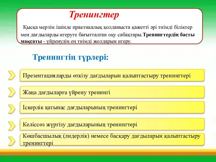 Тренингтер Қысқа мерзім ішінде практикалық қолданыста қажетті әрі тиімді біліктер мен