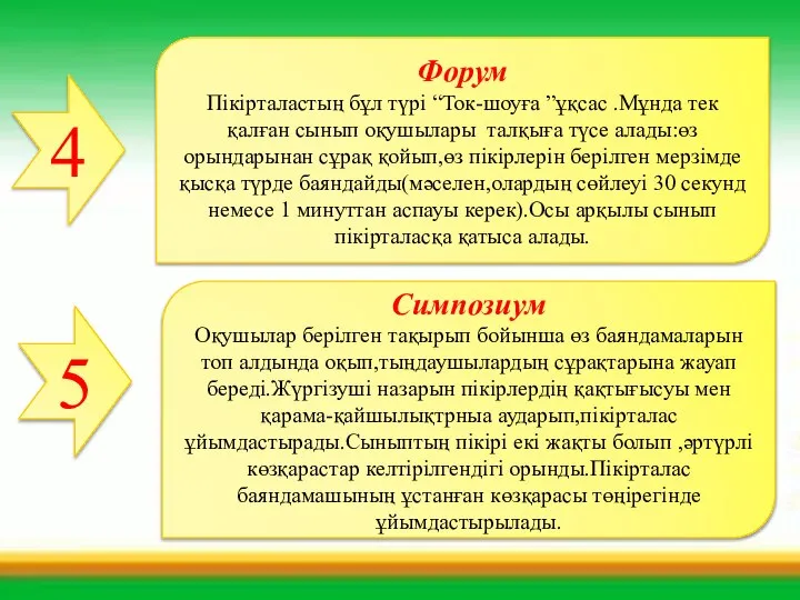 4 Форум Пікірталастың бұл түрі “Ток-шоуға ”ұқсас .Мұнда тек қалған сынып