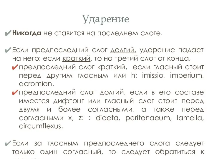 Ударение Никогда не ставится на последнем слоге. Если предпоследний слог долгий,