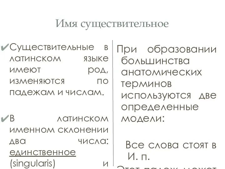 Имя существительное Существительные в латинском языке имеют род, изменяются по падежам