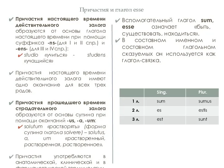 Причастия и глагол esse Причастия настоящего времени действительного залога образуются от