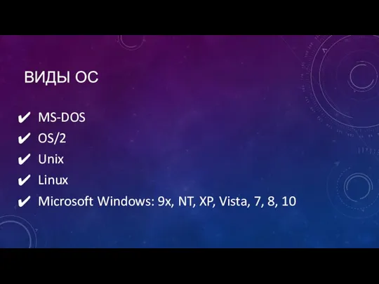 ВИДЫ ОС MS-DOS OS/2 Unix Linux Microsoft Windows: 9x, NT, XP, Vista, 7, 8, 10