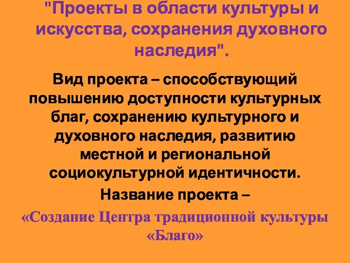 "Проекты в области культуры и искусства, сохранения духовного наследия". Вид проекта