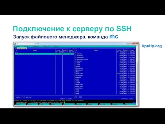 Подключение к серверу по SSH //putty.org Запуск файлового менеджера, команда mc