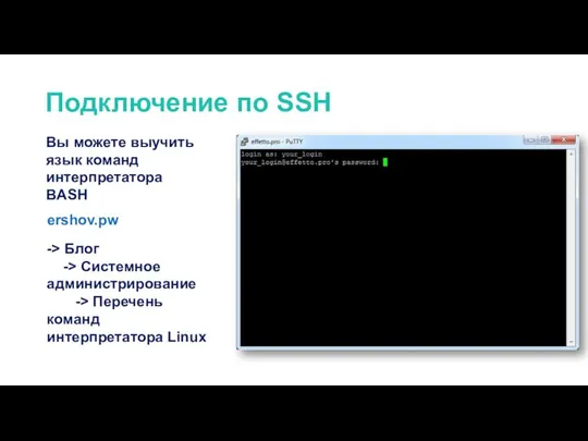 Подключение по SSH ershov.pw Вы можете выучить язык команд интерпретатора BASH