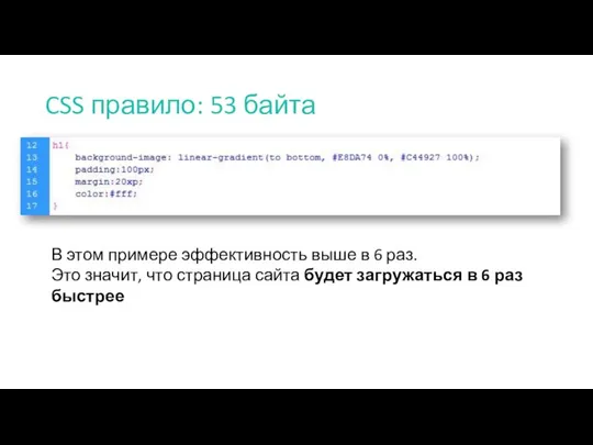 CSS правило: 53 байта В этом примере эффективность выше в 6