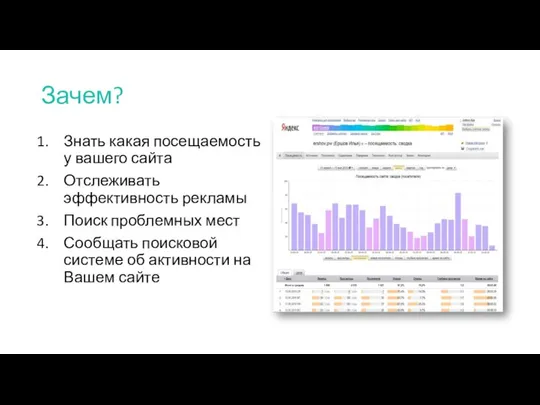 Зачем? Знать какая посещаемость у вашего сайта Отслеживать эффективность рекламы Поиск