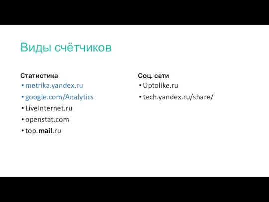 Виды счётчиков Статистика metrika.yandex.ru google.com/Analytics LiveInternet.ru openstat.com top.mail.ru Соц. сети Uptolike.ru tech.yandex.ru/share/