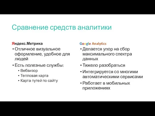 Сравнение средств аналитики Яндекс.Метрика Google Analytics Отличное визуальное оформление, удобное для