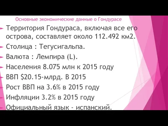 Основные экономические данные о Гондурасе Территория Гондураса, включая все его острова,