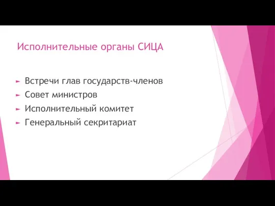 Исполнительные органы СИЦА Встречи глав государств-членов Совет министров Исполнительный комитет Генеральный секритариат