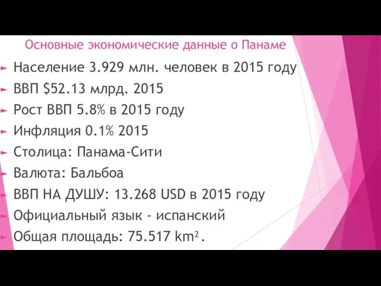 Основные экономические данные о Панаме Население 3.929 млн. человек в 2015