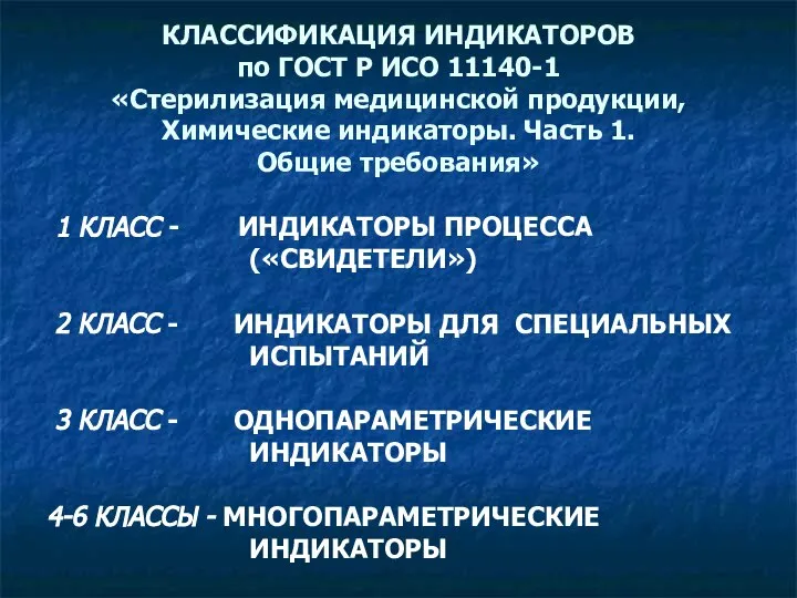 КЛАССИФИКАЦИЯ ИНДИКАТОРОВ по ГОСТ Р ИСО 11140-1 «Стерилизация медицинской продукции, Химические