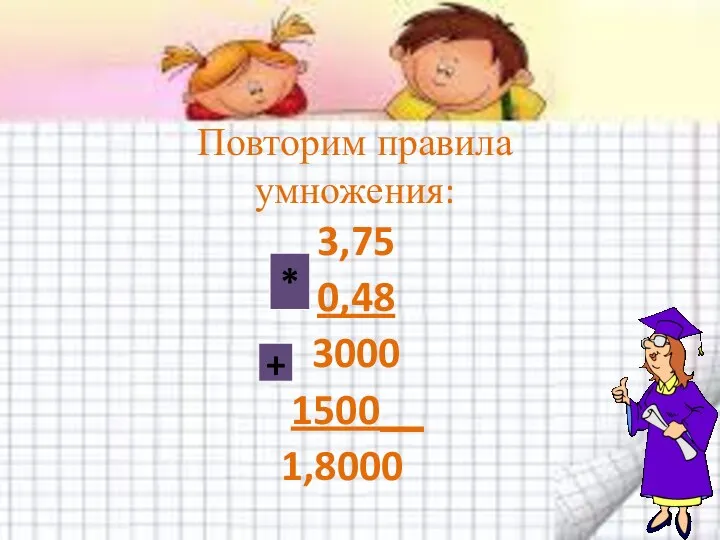 3,75 0,48 3000 1500__ 1,8000 Повторим правила умножения: + *