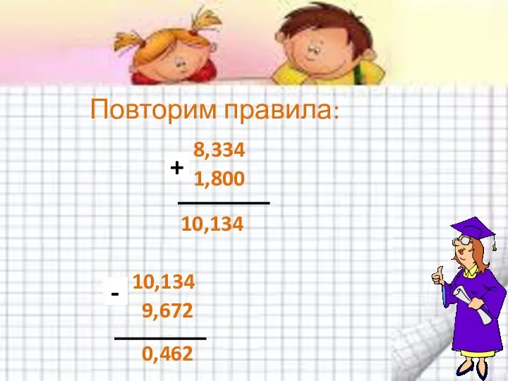 8,334 1,800 10,134 10,134 9,672 0,462 Повторим правила: + -