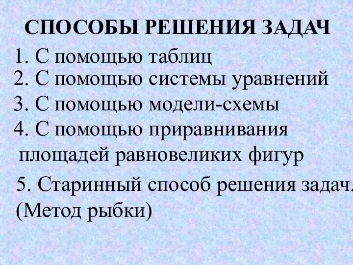 СПОСОБЫ РЕШЕНИЯ ЗАДАЧ 1. С помощью таблиц 3. С помощью модели-схемы