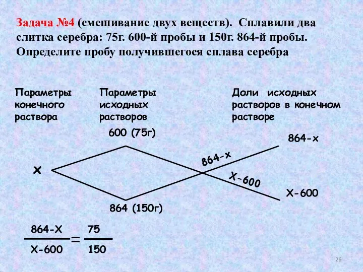 Задача №4 (смешивание двух веществ). Сплавили два слитка серебра: 75г. 600-й