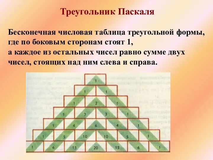Треугольник Паскаля Бесконечная числовая таблица треугольной формы, где по боковым сторонам