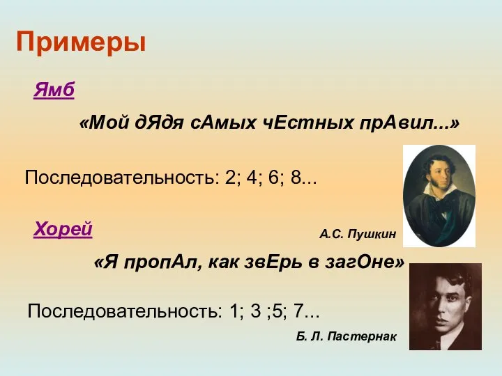 Примеры «Мой дЯдя сАмых чЕстных прАвил...» «Я пропАл, как звЕрь в