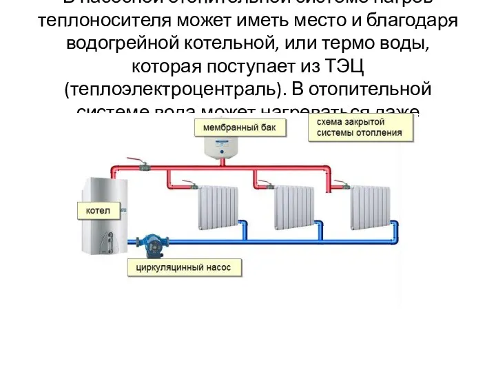 В насосной отопительной системе нагрев теплоносителя может иметь место и благодаря