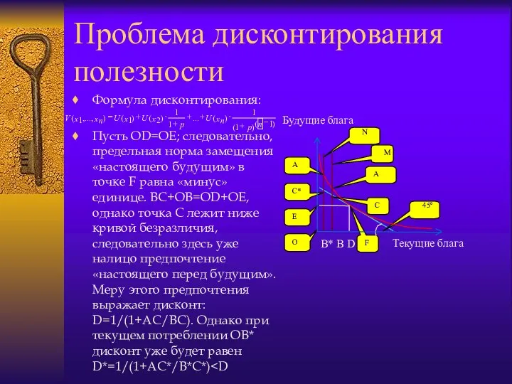 Проблема дисконтирования полезности Формула дисконтирования: Пусть OD=OE; следовательно, предельная норма замещения