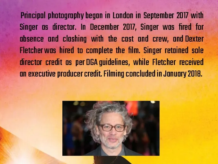 Principal photography began in London in September 2017 with Singer as