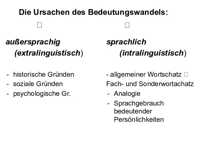 Die Ursachen des Bedeutungswandels: ? ? außersprachig (extralinguistisch) historische Gründen soziale