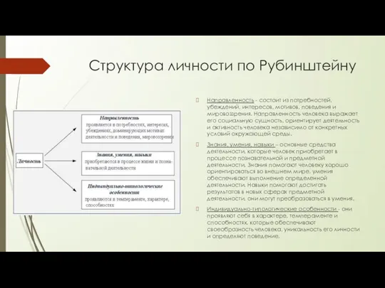 Структура личности по Рубинштейну Направленность - состоит из потребностей, убеждений, интересов,