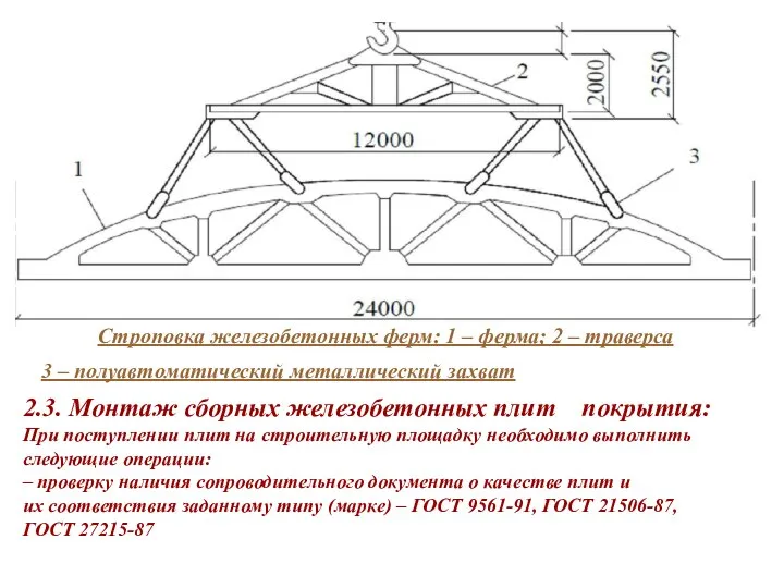 Строповка железобетонных ферм: 1 – ферма; 2 – траверса 3 –