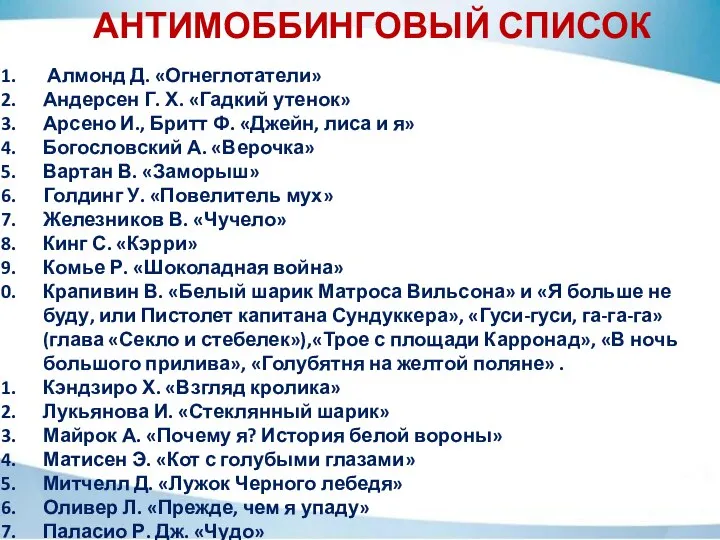 АНТИМОББИНГОВЫЙ СПИСОК Алмонд Д. «Огнеглотатели» Андерсен Г. Х. «Гадкий утенок» Арсено