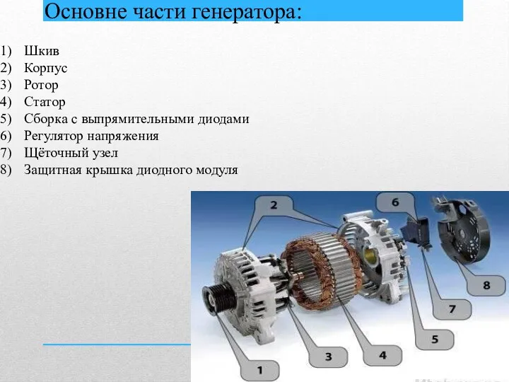 Основне части генератора: Шкив Корпус Ротор Статор Сборка с выпрямительными диодами