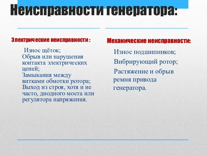 Неисправности генератора: Электрические неисправности : Износ щёток; Обрыв или нарушения контакта