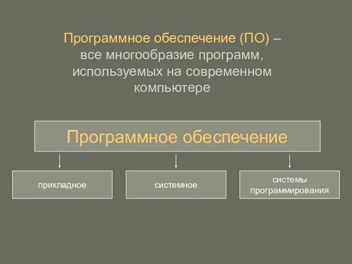 Программное обеспечение прикладное системное системы программирования Программное обеспечение (ПО) – все