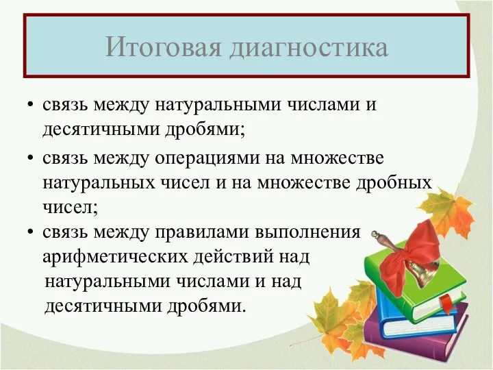 Итоговая диагностика связь между натуральными числами и десятичными дробями; связь между