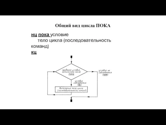 Общий вид цикла ПОКА нц пока условие тело цикла (последовательность команд) кц