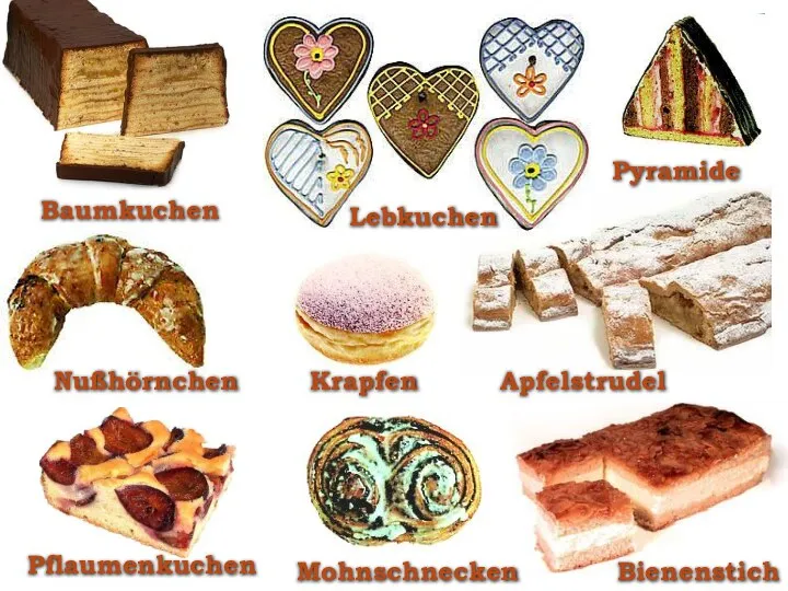 Bienenstich Apfelstrudel Lebkuchen Pyramide Baumkuchen Pflaumenkuchen Nußhörnchen Mohnschnecken Krapfen