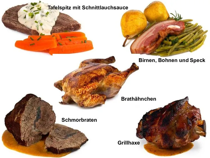 Grillhaxe Schmorbraten Tafelspitz mit Schnittlauchsauce Brathähnchen Birnen, Bohnen und Speck
