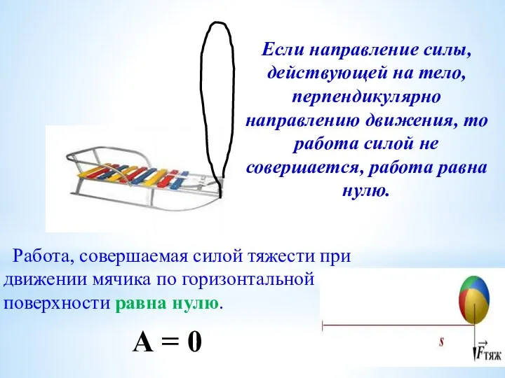 Работа, совершаемая силой тяжести при движении мячика по горизонтальной поверхности равна