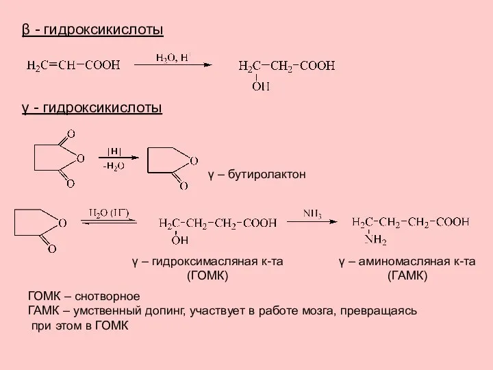 β - гидроксикислоты γ - гидроксикислоты γ – бутиролактон γ –