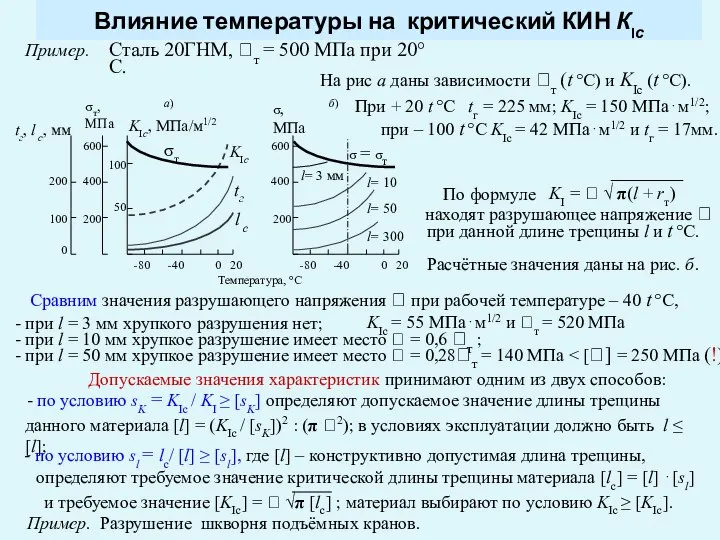 Влияние температуры на критический КИН КIс Пример. На рис а даны