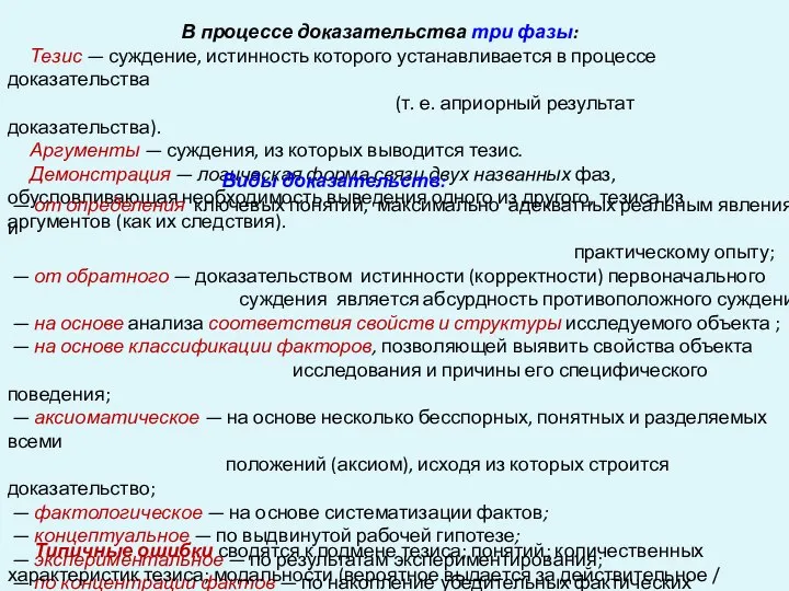 В процессе доказательства три фазы: Тезис — суждение, истинность которого устанавливается