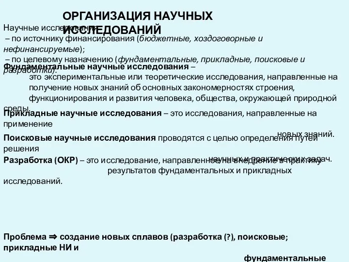 ОРГАНИЗАЦИЯ НАУЧНЫХ ИССЛЕДОВАНИЙ Научные исследования – по источнику финансирования (бюджетные, хоздоговорные